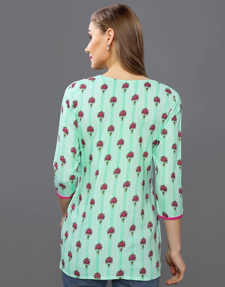 Adorable Aqua Green Coloured Printed Rayon Tops