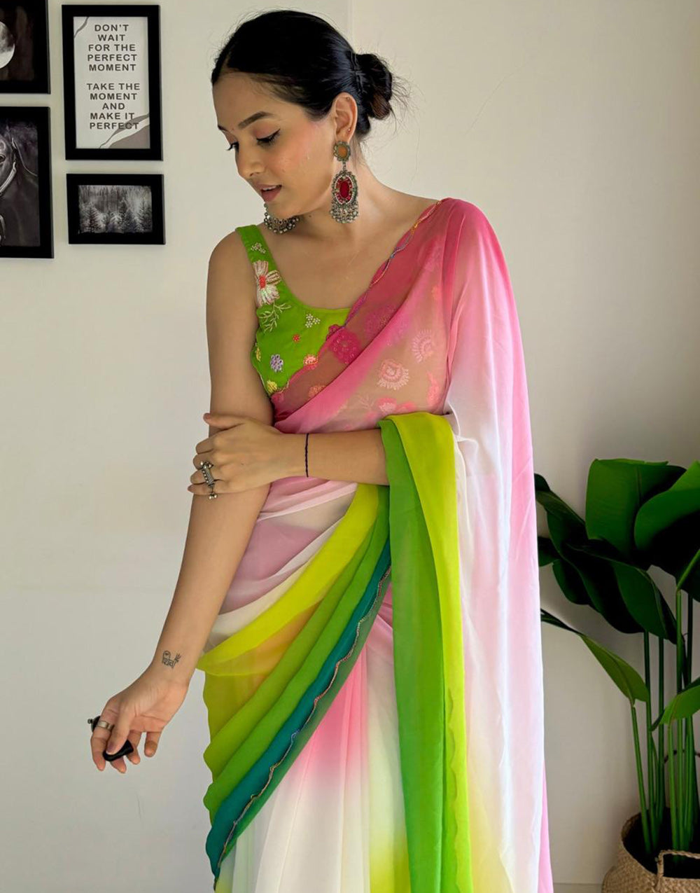 Green & Pink Georgette Saree With Printed & Cut Work Border