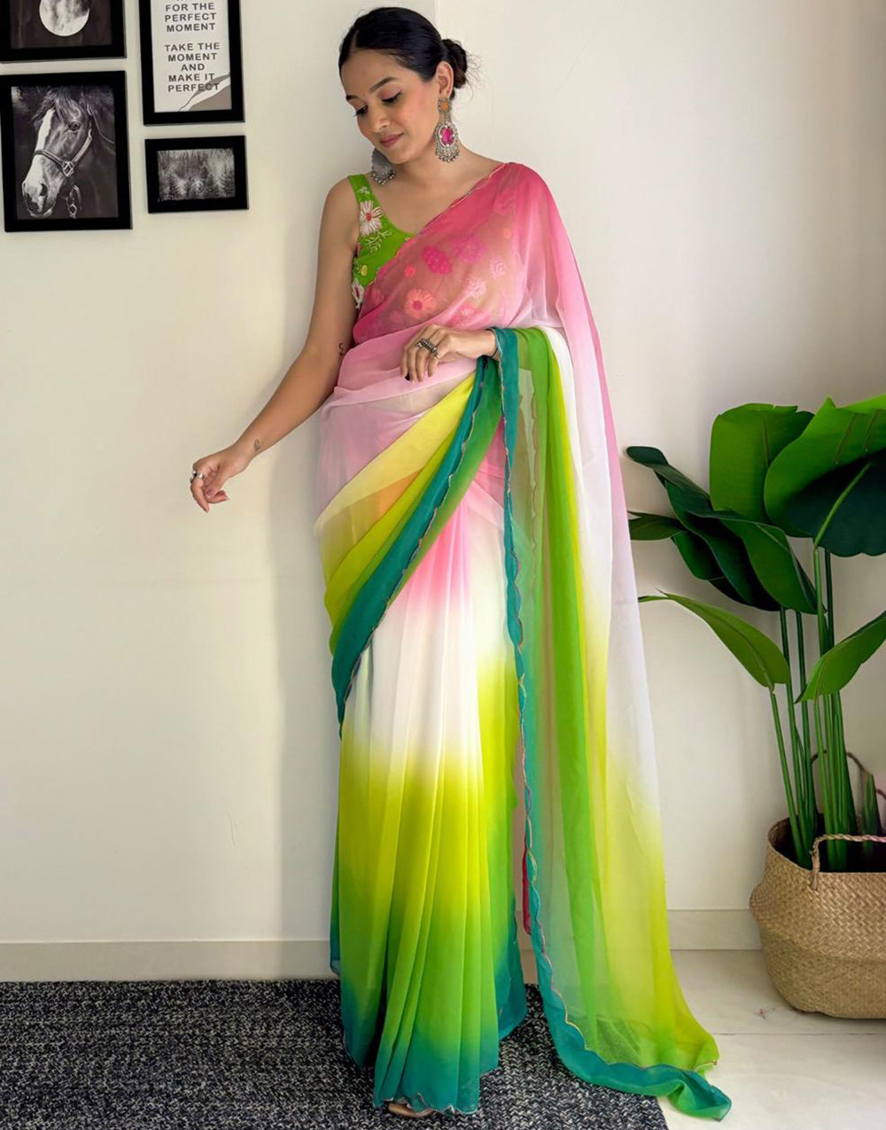 Green & Pink Georgette Saree With Printed & Cut Work Border