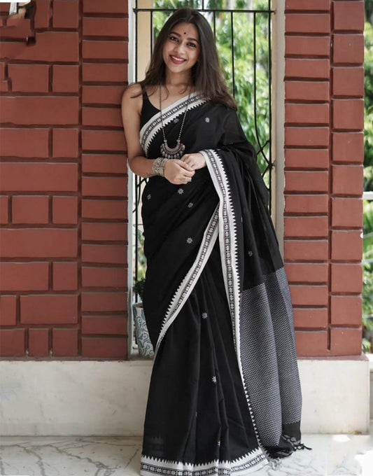 Black Cotton Saree With Weaving Work