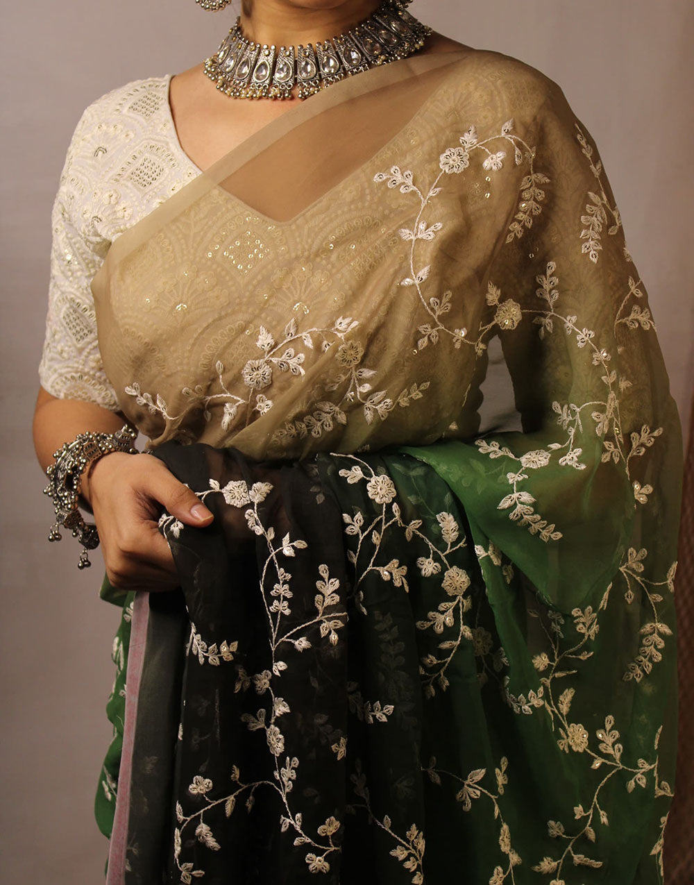 Green Georgette With Sequence & Embroidery Saree & Stitched Blouse