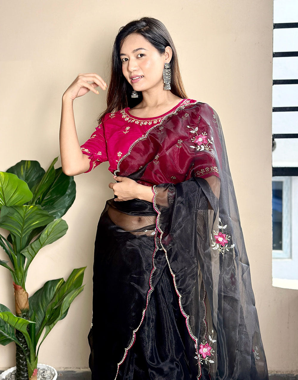 Black Organza Saree With Embroidery Butta Work