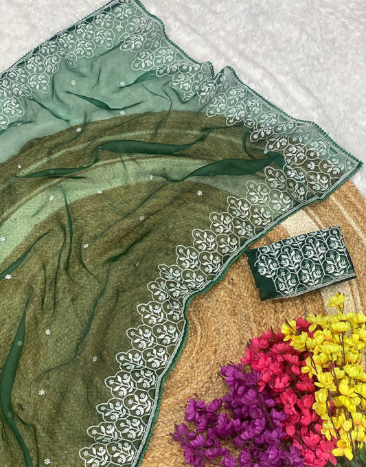 Green Organza Saree With Embroidery Thread Work