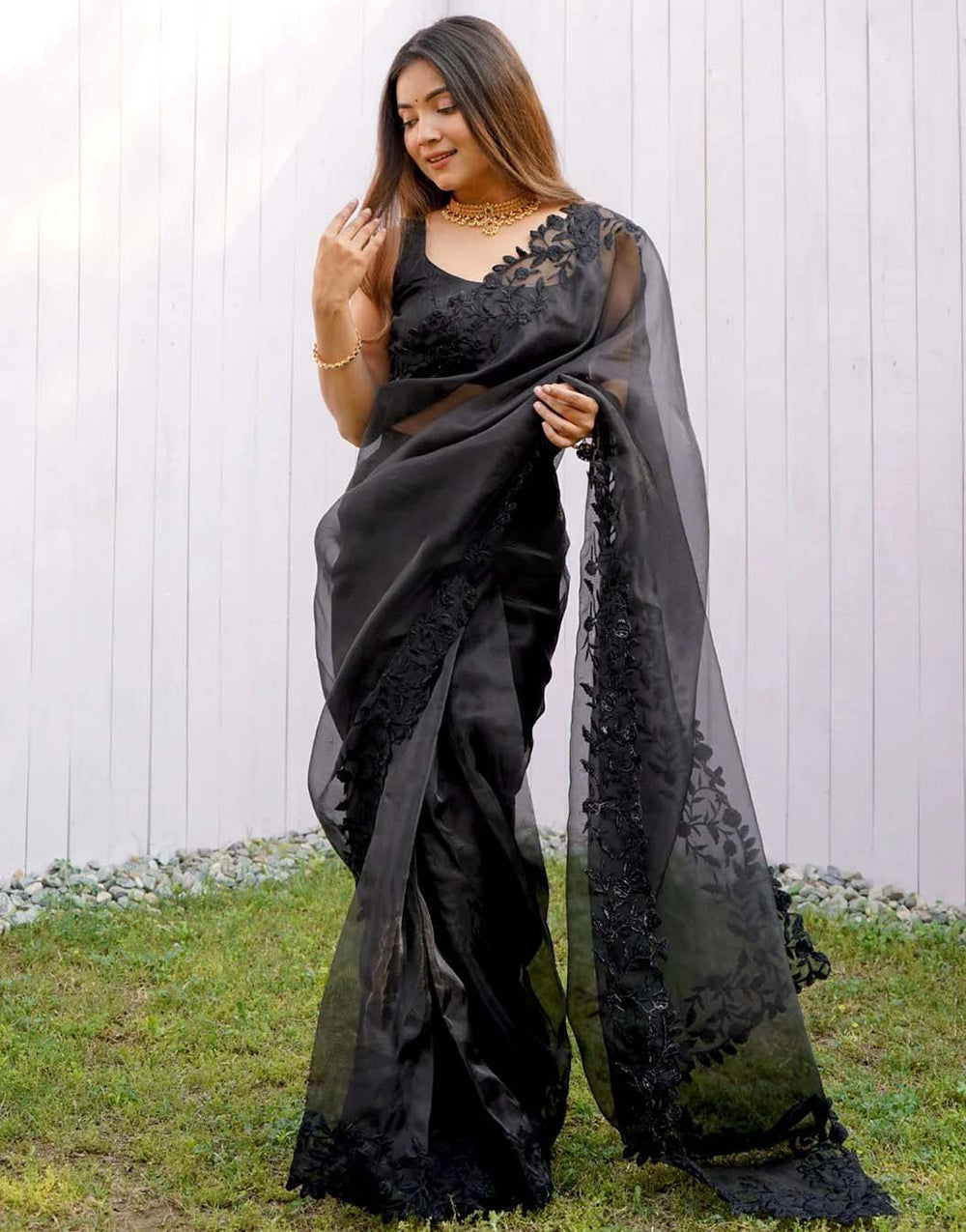 Black Organza With Embroidery Thread & Cut Work Saree