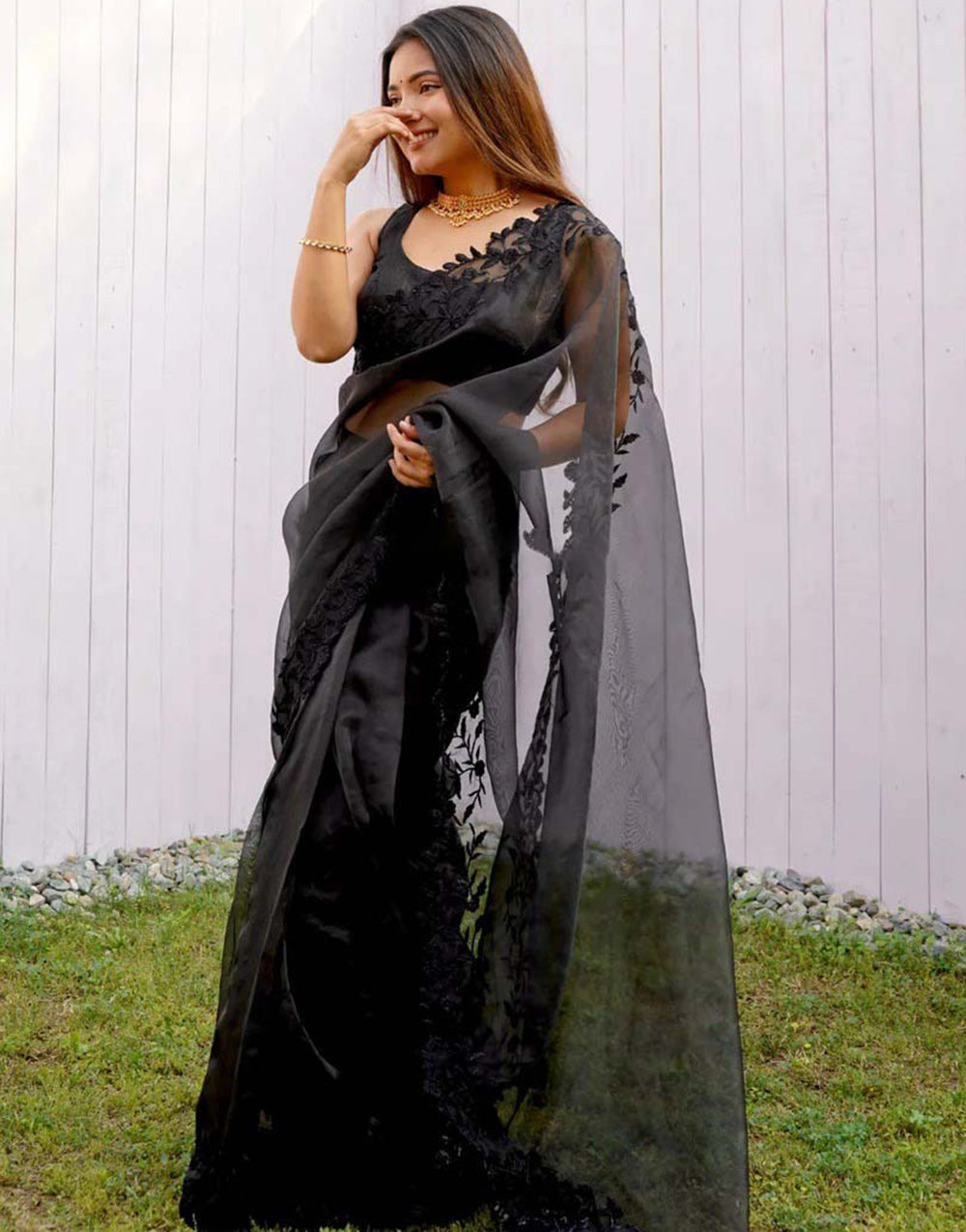 Black Organza With Embroidery Thread & Cut Work Saree