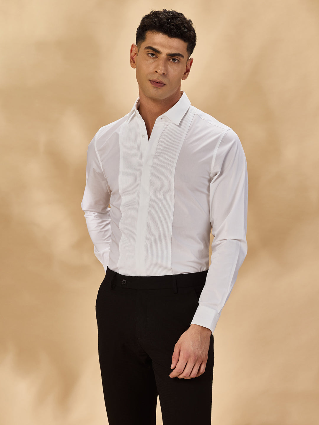 Aldeno Mens Slim Fit White Formal Cotton Stretch Bib Shirt (CORE)