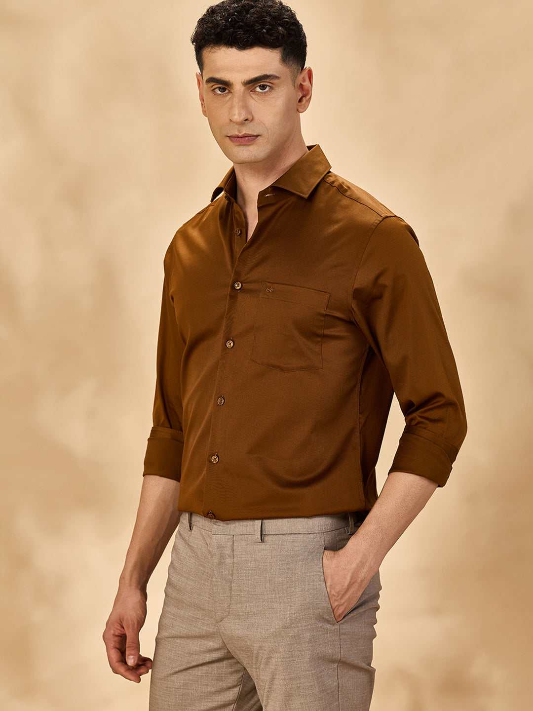 Aldeno Men Satin Stretch Formal Golden Shirt (STEVE)