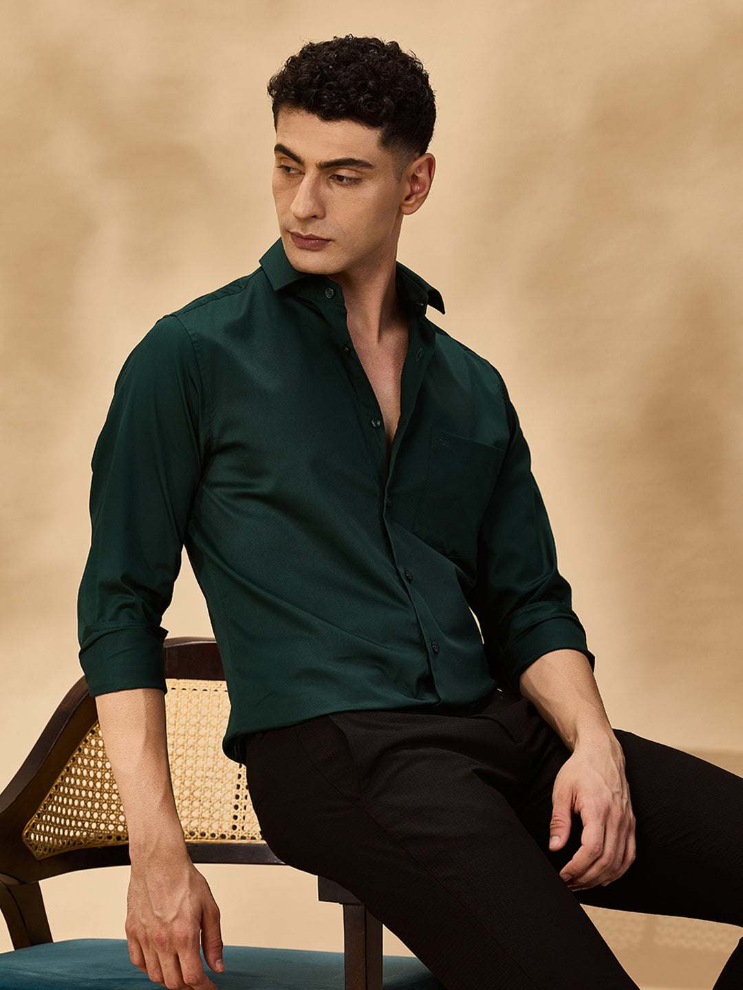 Aldeno Men Satin Stretch Formal Green Shirt (SILAS)