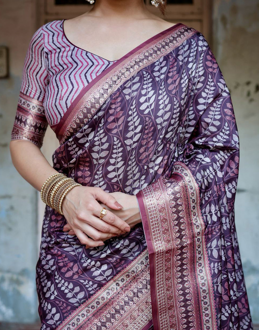 Grape Purple Silk Saree With Digital Printed Work