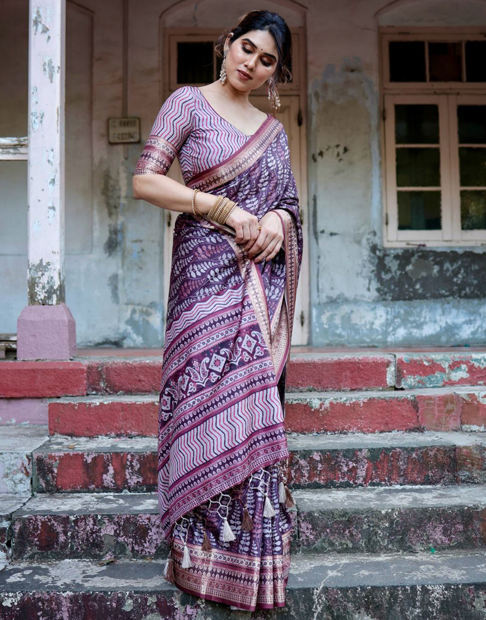 Grape Purple Silk Saree With Digital Printed Work