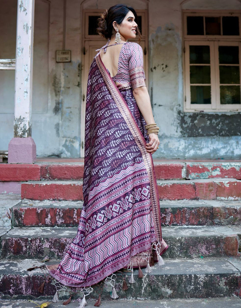 Grape Purple Silk Saree With Digital Printed Work