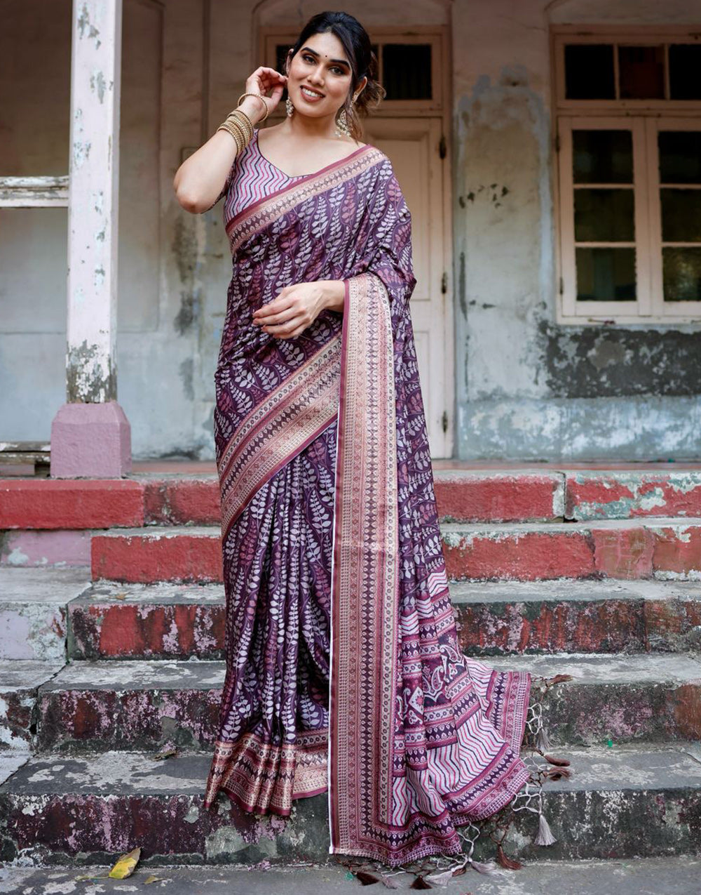 Grape Purple Silk Saree With Digital Printed Work