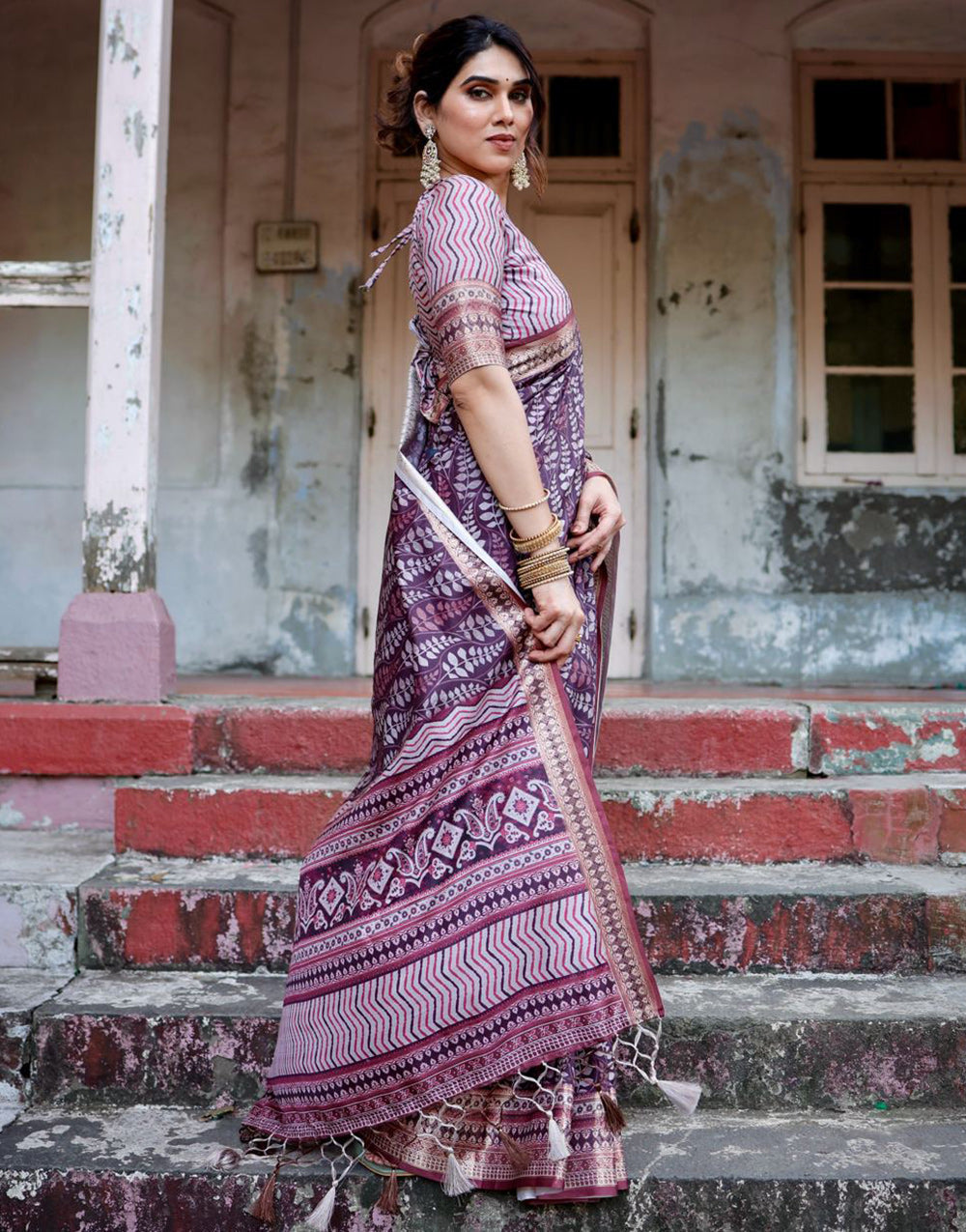 Grape Purple Silk Saree With Digital Printed Work