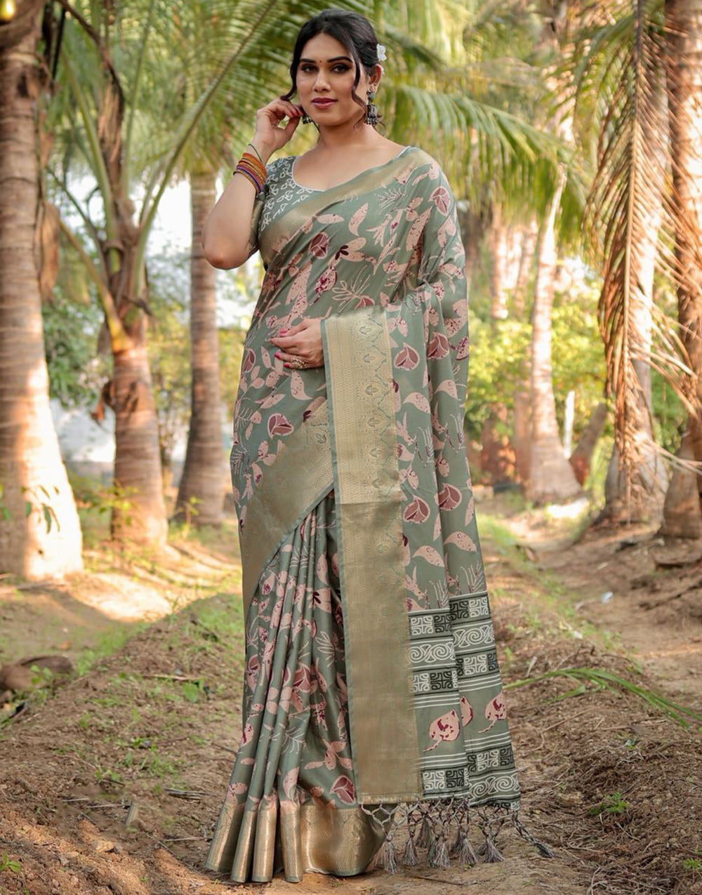 Asparagus Green Pure Silk Saree With Digital Printed Work