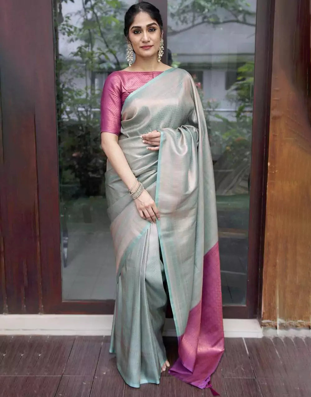 Baby Blue Silk Saree With Heavy Magenta Blouse