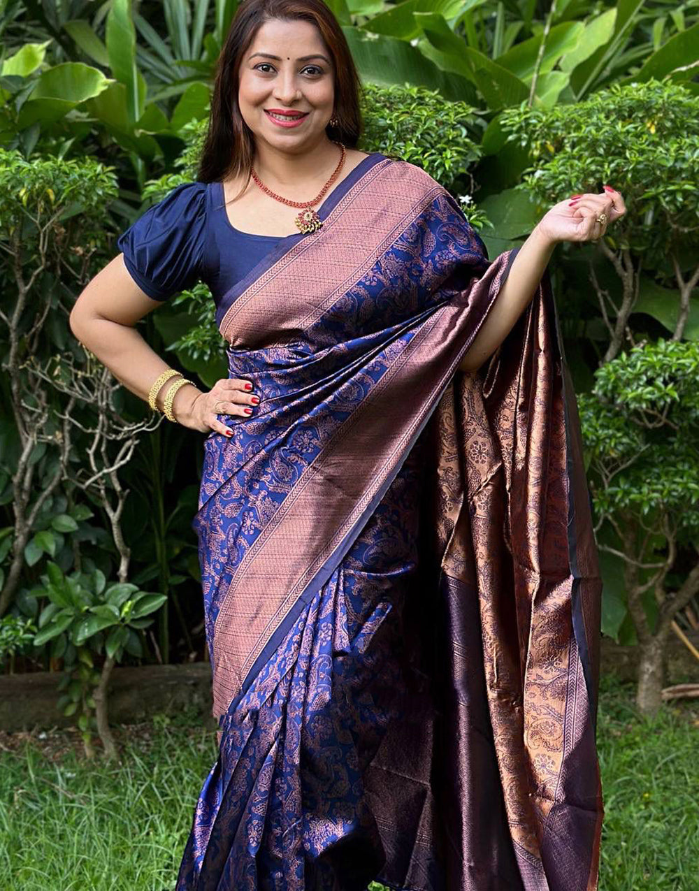 Blue Banarasi Silk Saree With Copper Zari Weaving Work