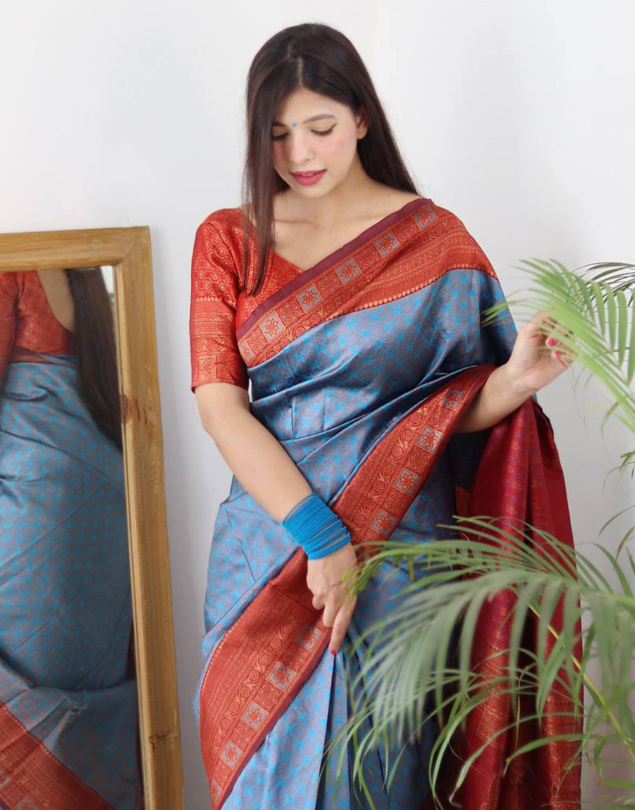 Blue Banarasi Silk Saree With Zari Weaving Work