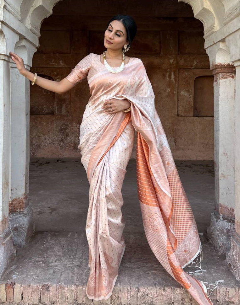 Cream Banarasi Silk Saree With Zari Weaving Work