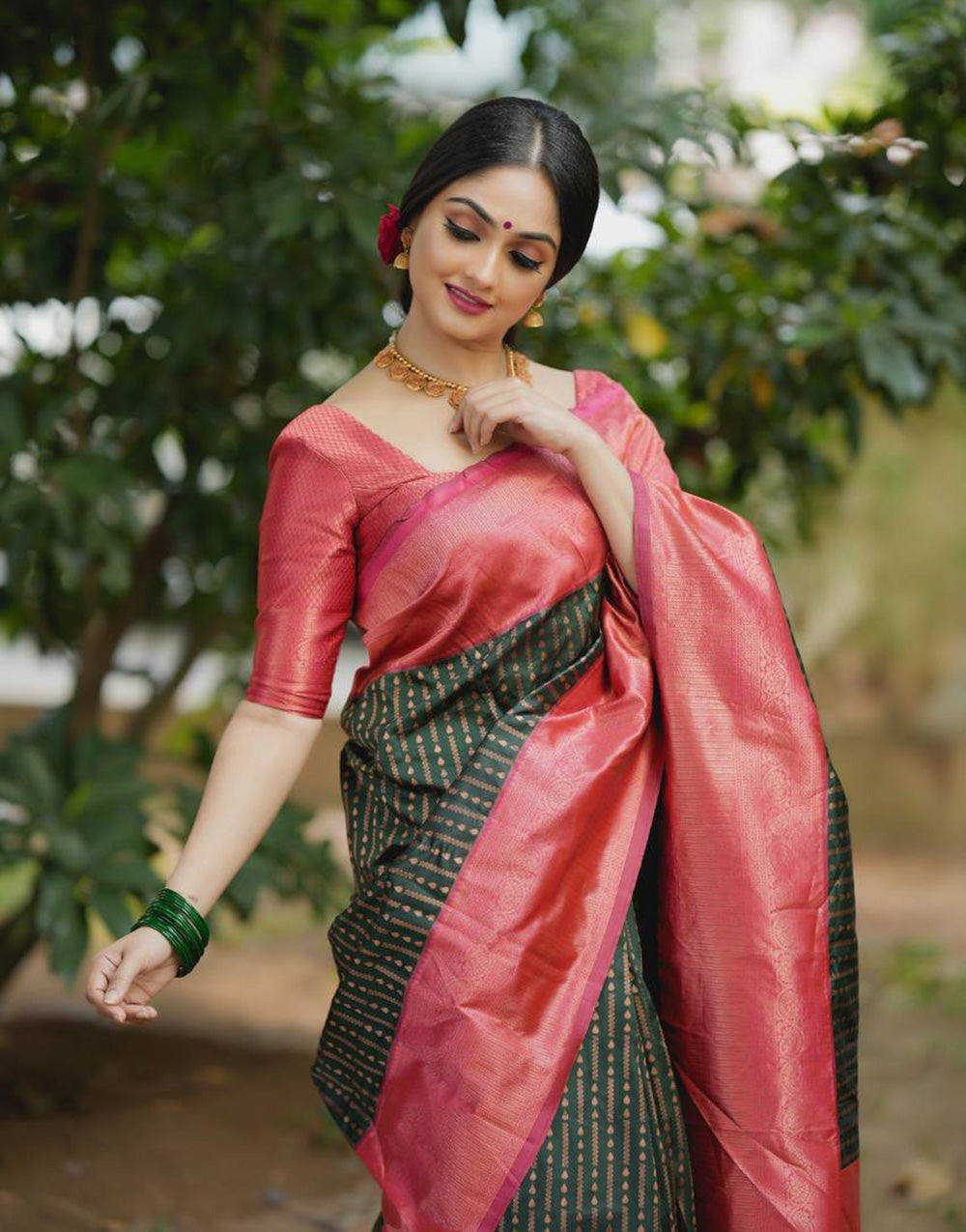 Green Banarasi Silk Saree With Copper Zari Weaving Work