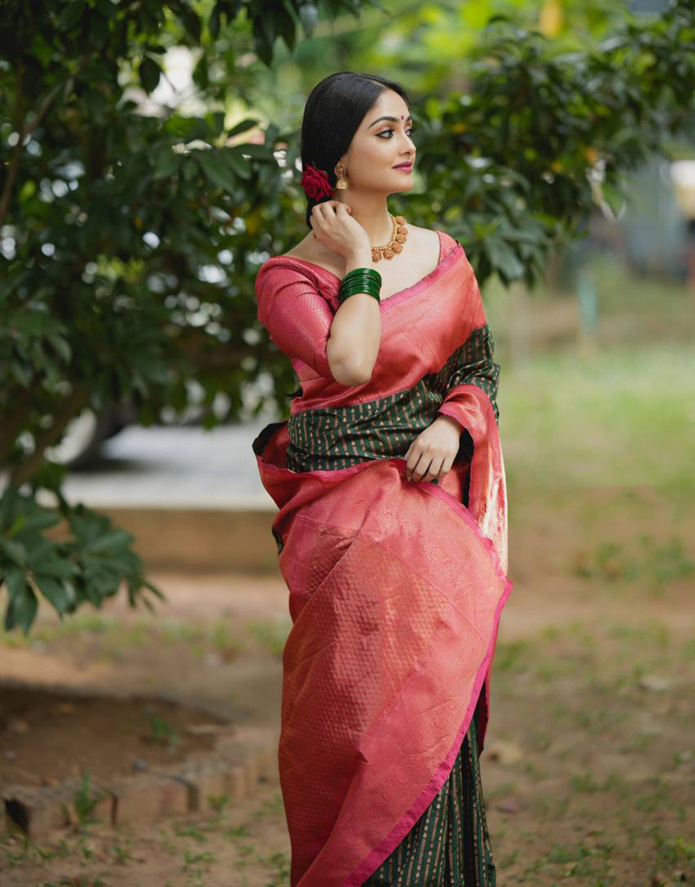 Green Banarasi Silk Saree With Copper Zari Weaving Work