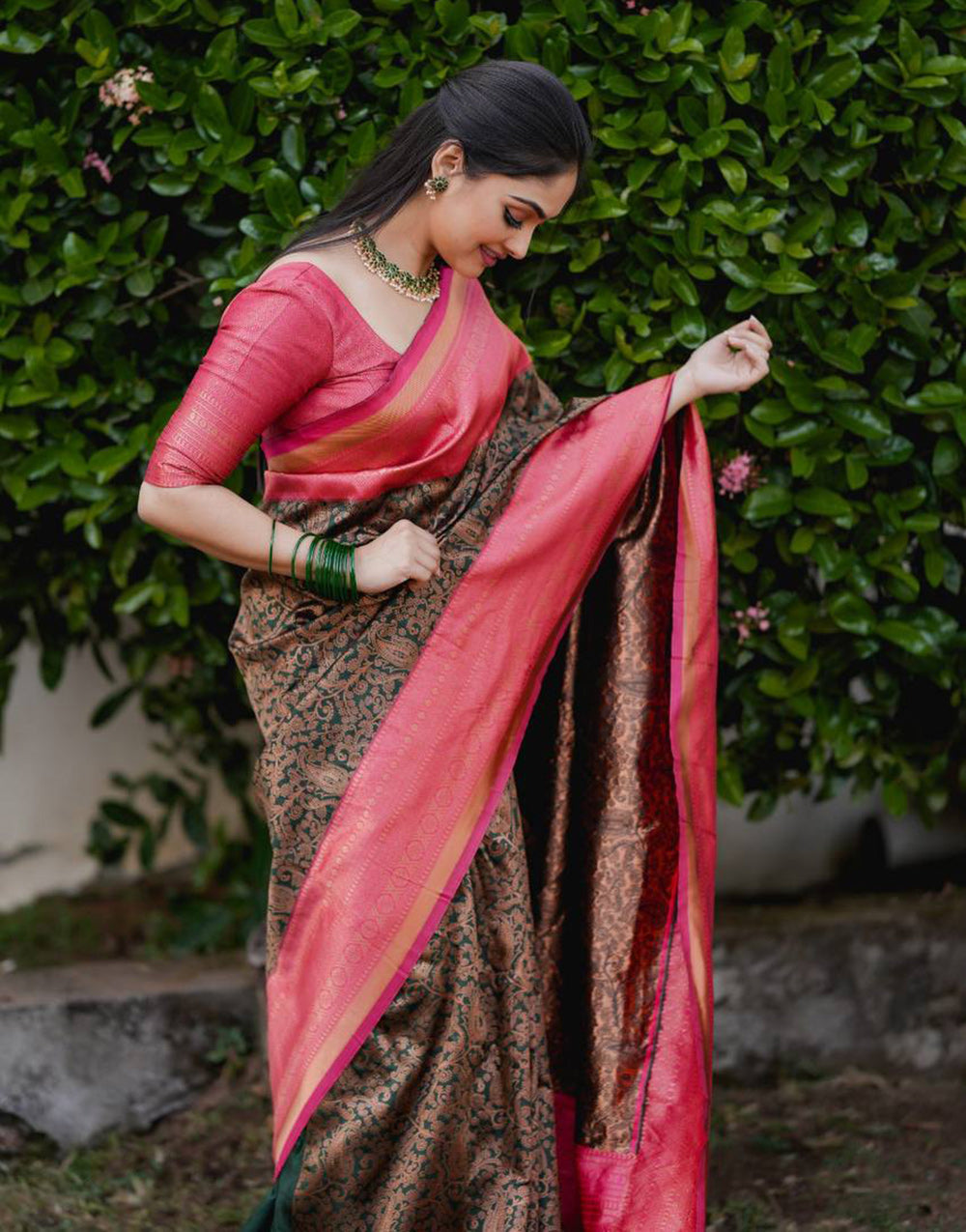 Green Banarasi Silk Saree With Copper Zari Weaving Work