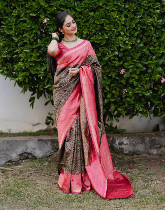 Green Banarasi Silk Saree With Copper Zari Weaving Work