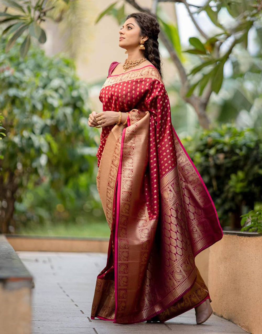 Maroon Banarasi Silk Saree With Copper Zari Weaving Work