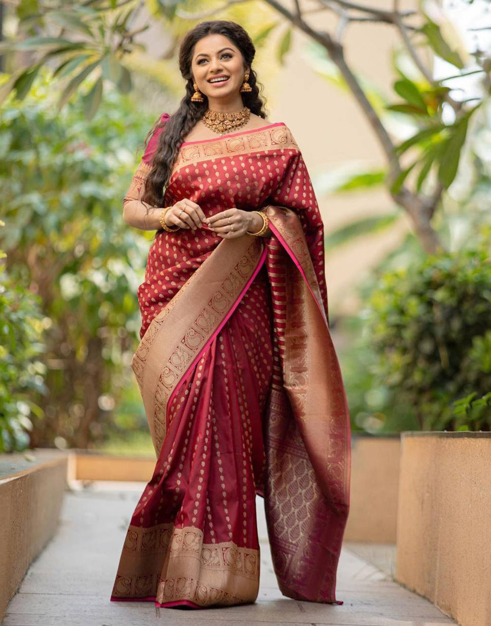 Maroon Banarasi Silk Saree With Copper Zari Weaving Work