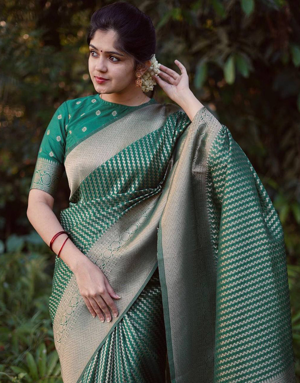 Green Banarasi Silk Saree With Copper Zari Weaving Work