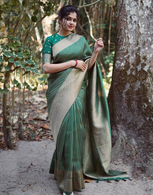 Green Banarasi Silk Saree With Copper Zari Weaving Work