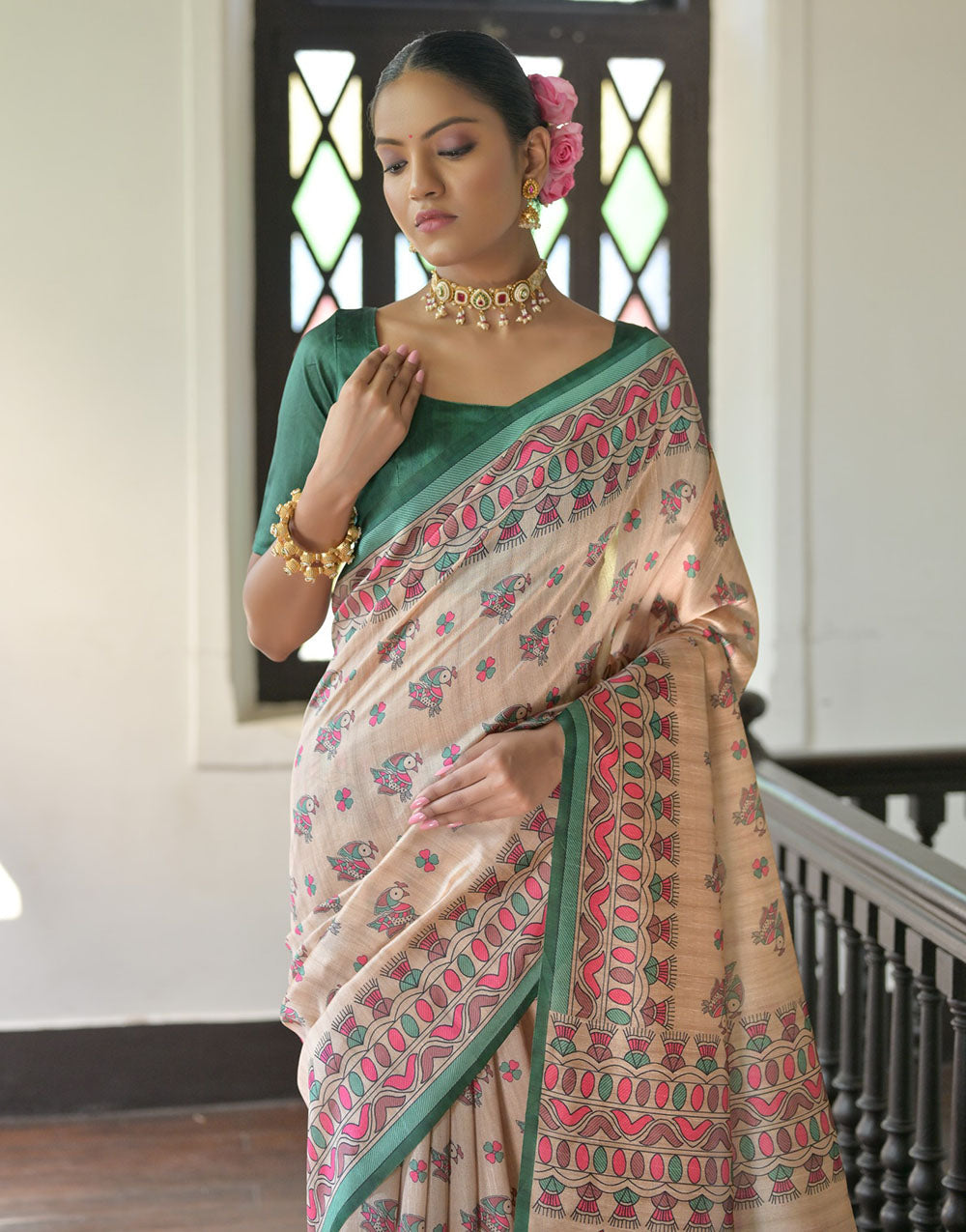 Green & Cream Tussar Silk Saree With Madhubani Printed Work