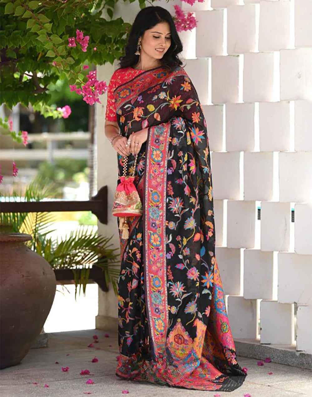 Black Kashmiri Weaving Silk Saree With Blouse