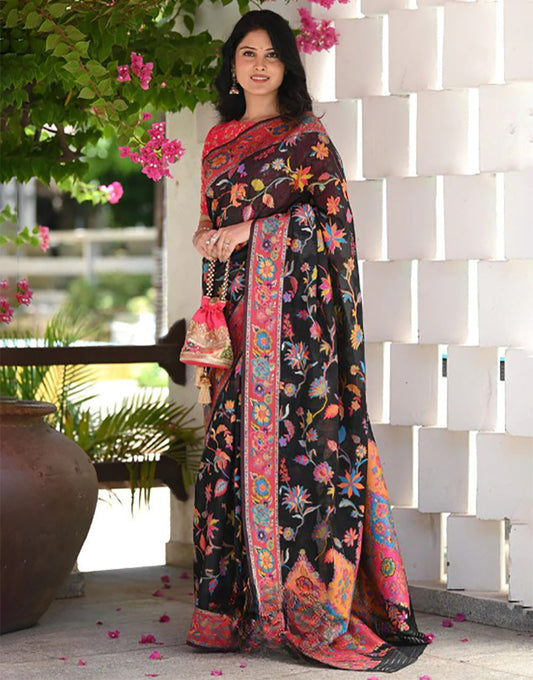 Black Kashmiri Weaving Silk Saree With Blouse