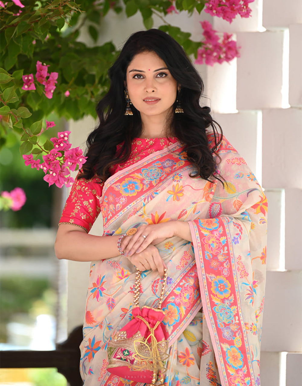 Cream Banarasi Silk Saree With Kashmiri Weaving Work