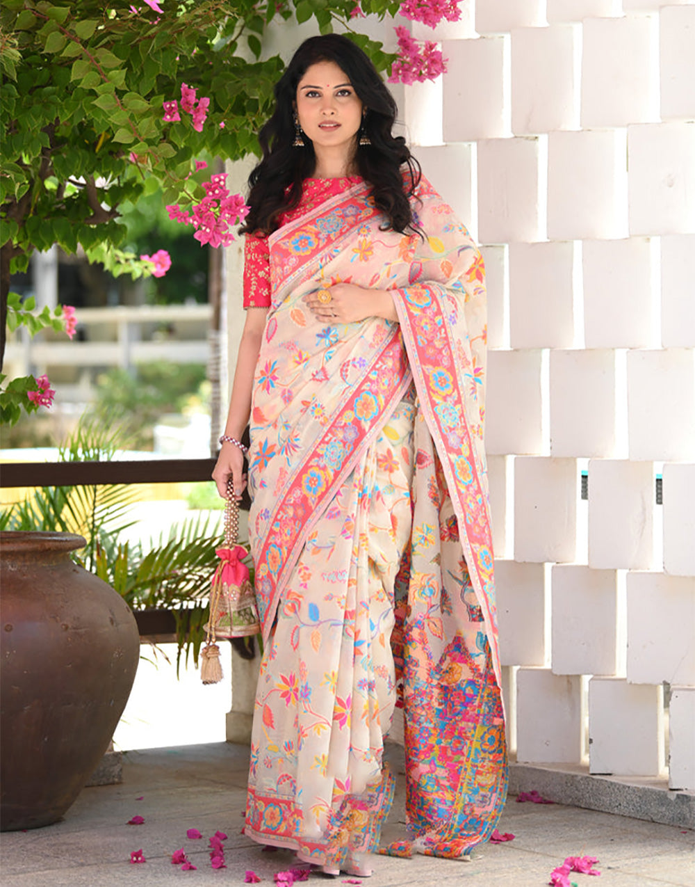 Cream Banarasi Silk Saree With Kashmiri Weaving Work