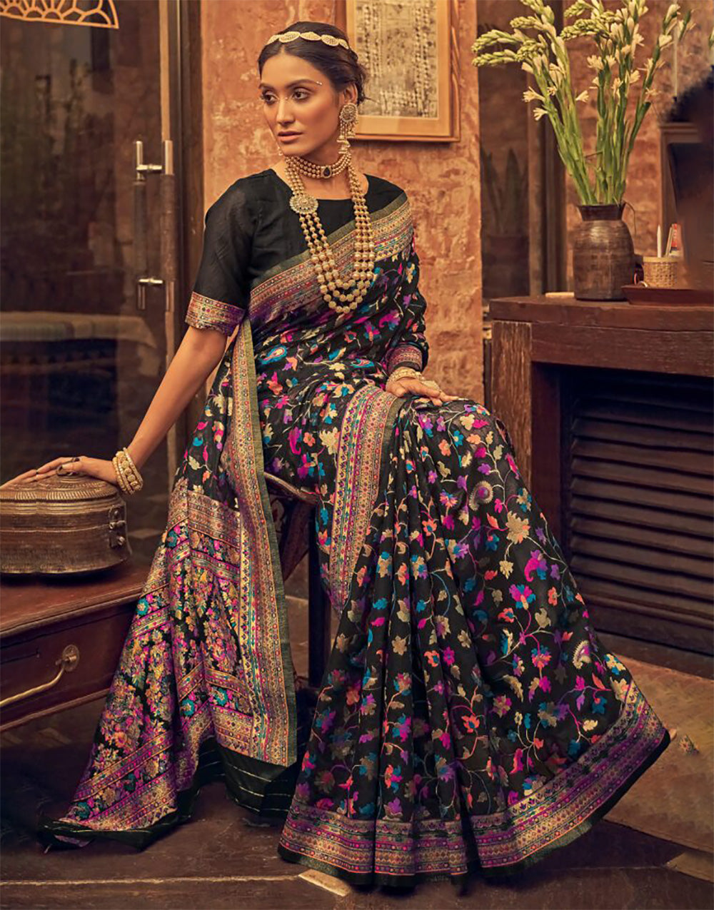 Black Kashmiri Weaving Silk Saree