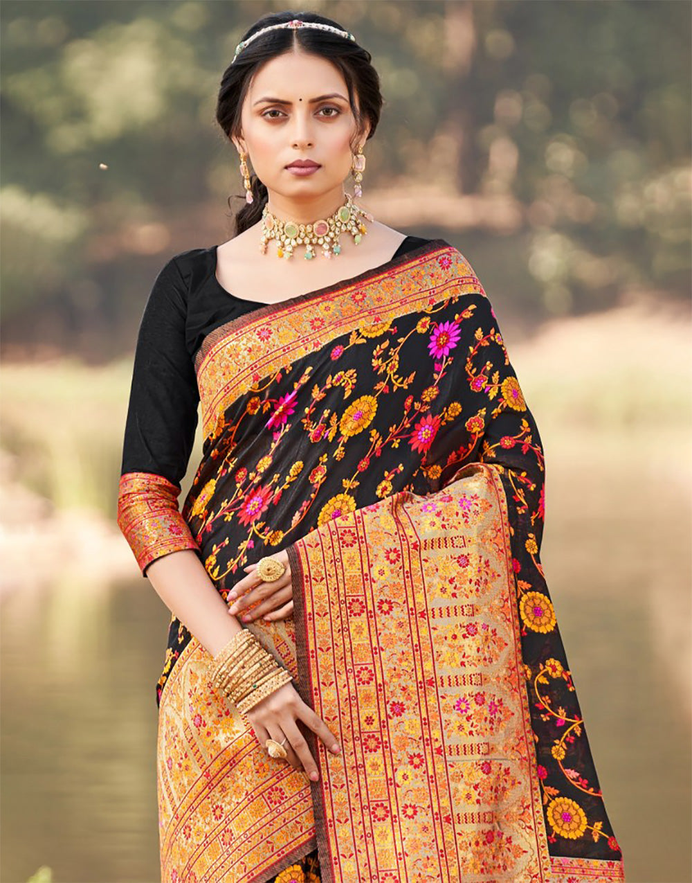 Black Kashmiri Silk Saree With Weaving Work