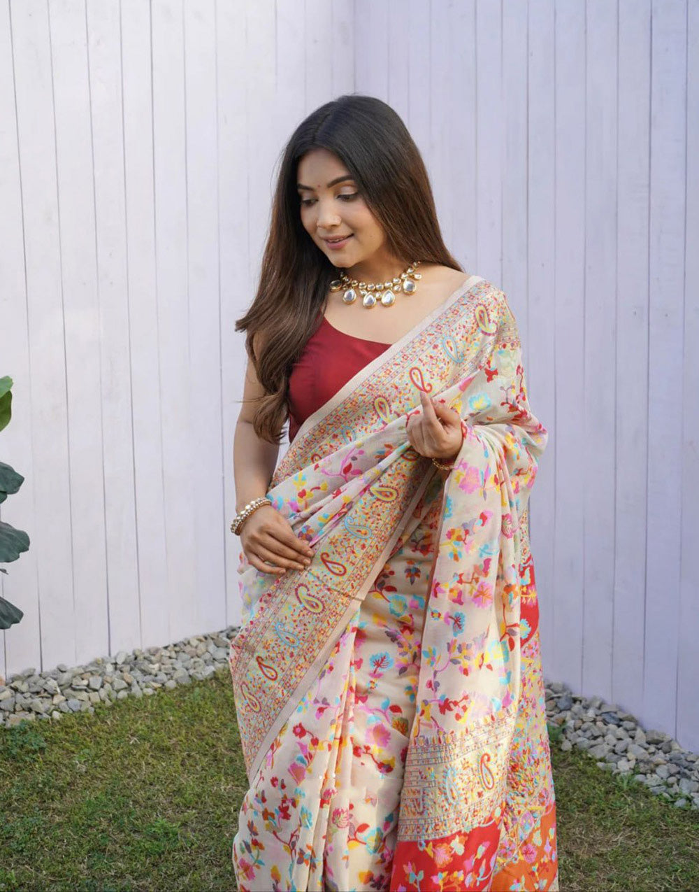 Cream Banarasi Silk Saree With Kashmiri Weaving Work