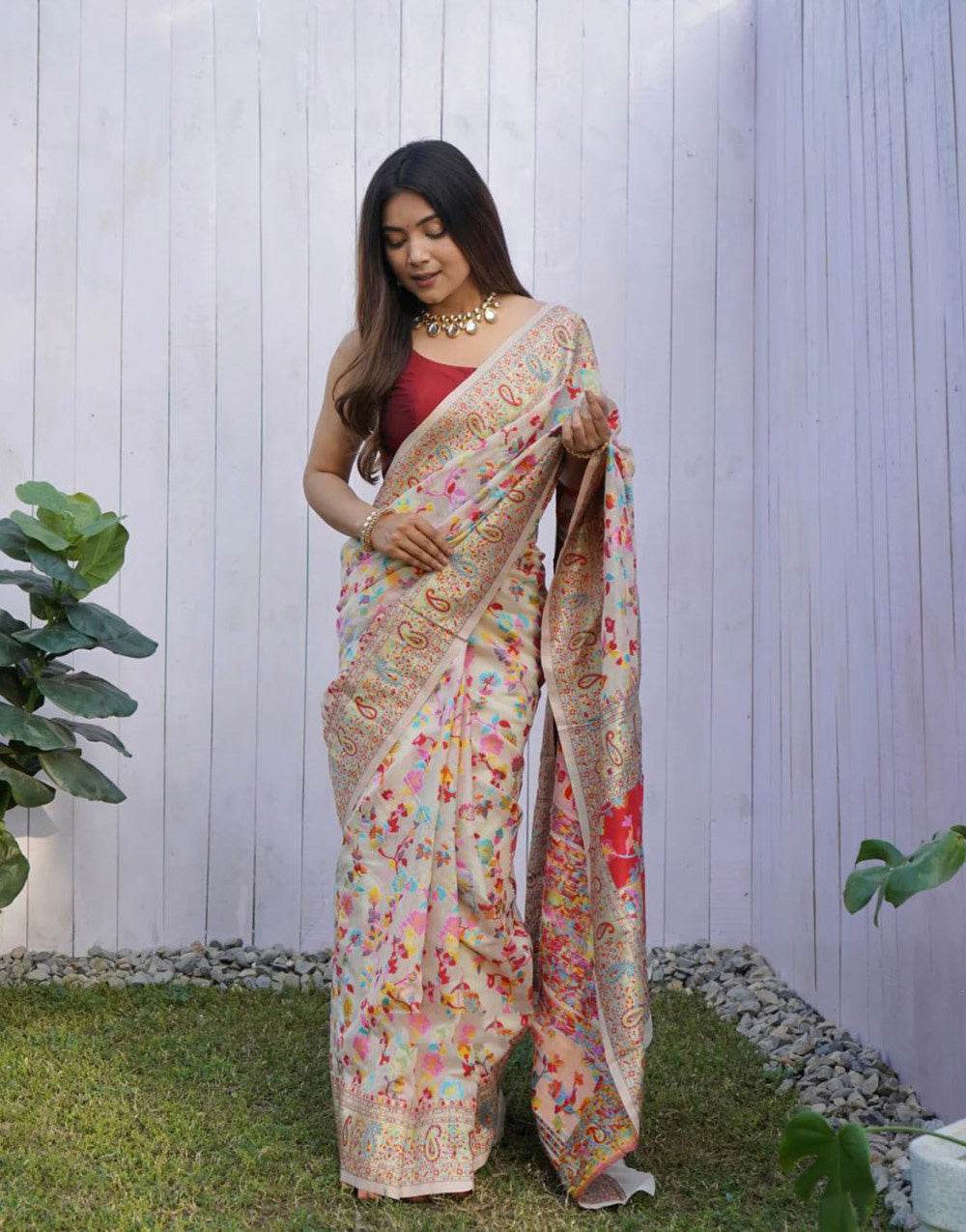 Cream Banarasi Silk Saree With Kashmiri Weaving Work