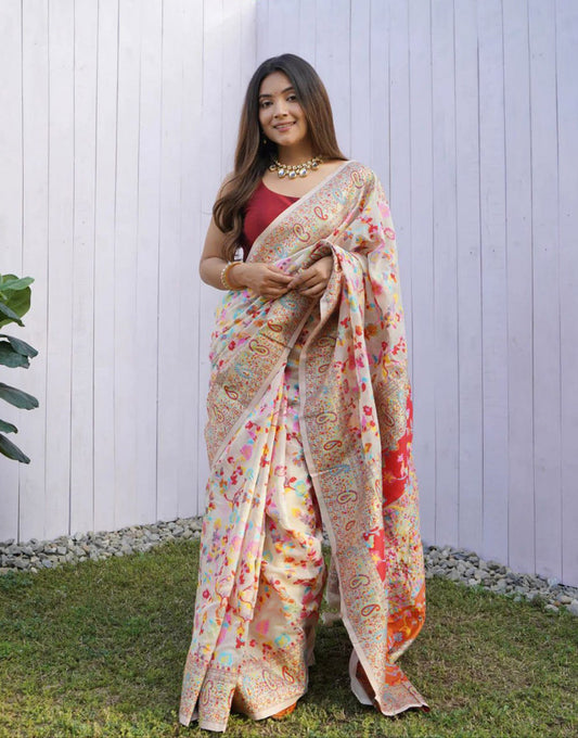 Cream Banarasi Silk Saree With Kashmiri Weaving Work