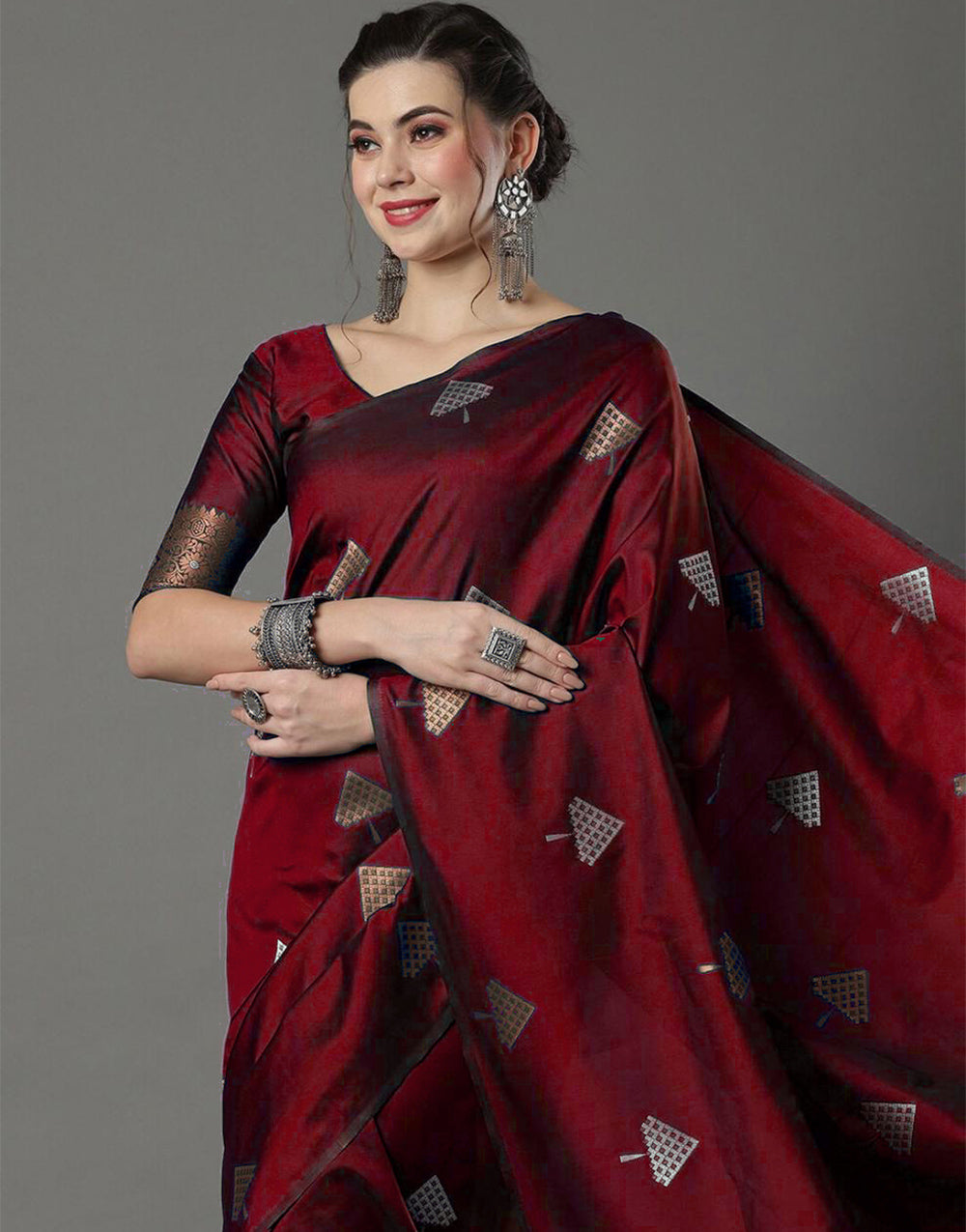 Maroon Banarasi Silk Saree With Weaving Work