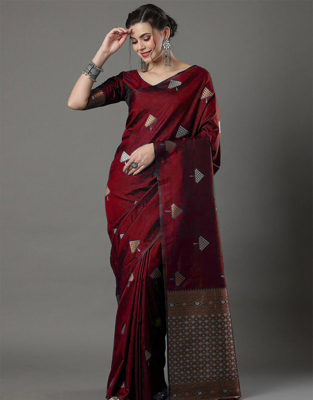 Maroon Banarasi Silk Saree With Weaving Work