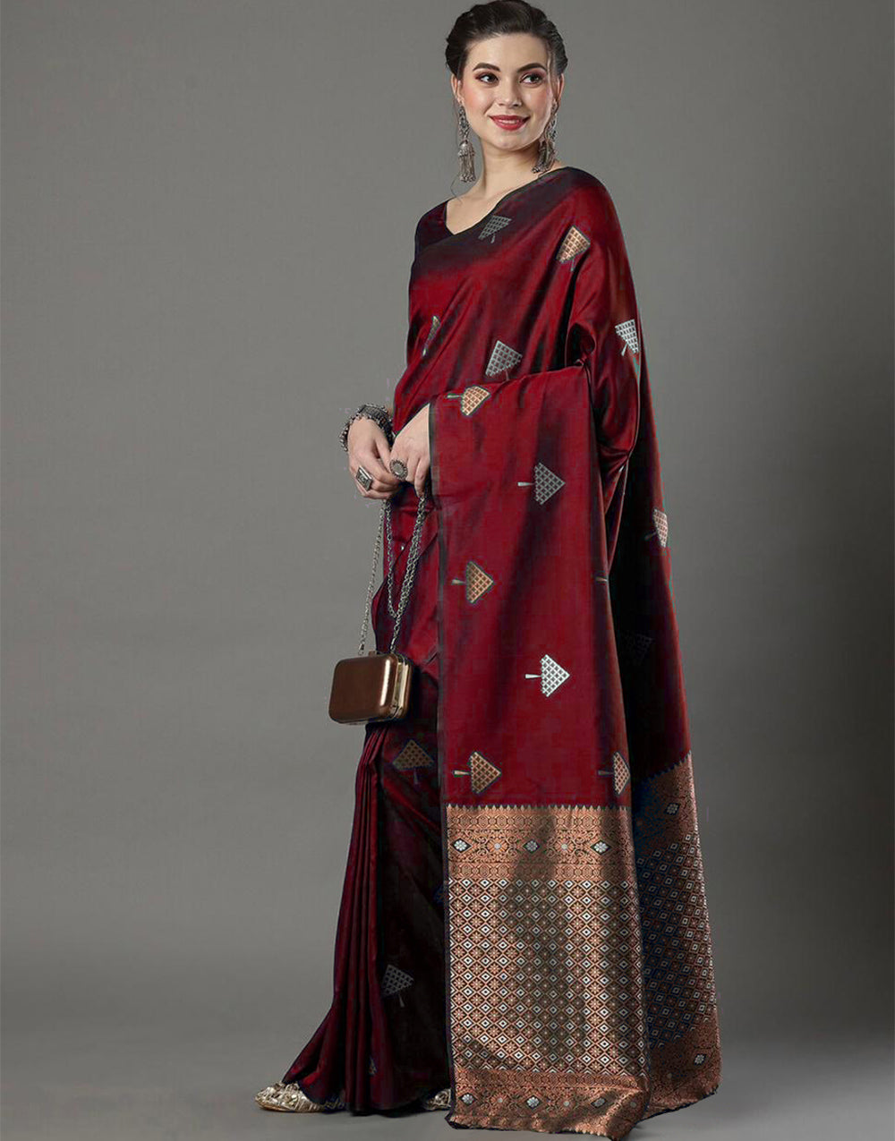 Maroon Banarasi Silk Saree With Weaving Work