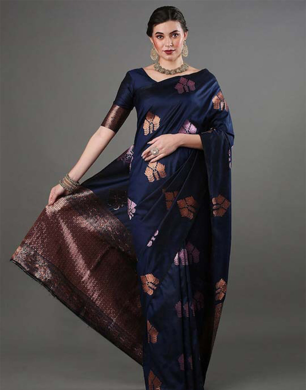 Navy Blue Banarasi Silk Saree With Weaving Work