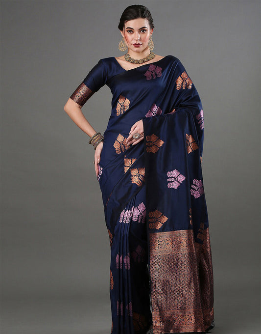 Navy Blue Banarasi Silk Saree With Weaving Work