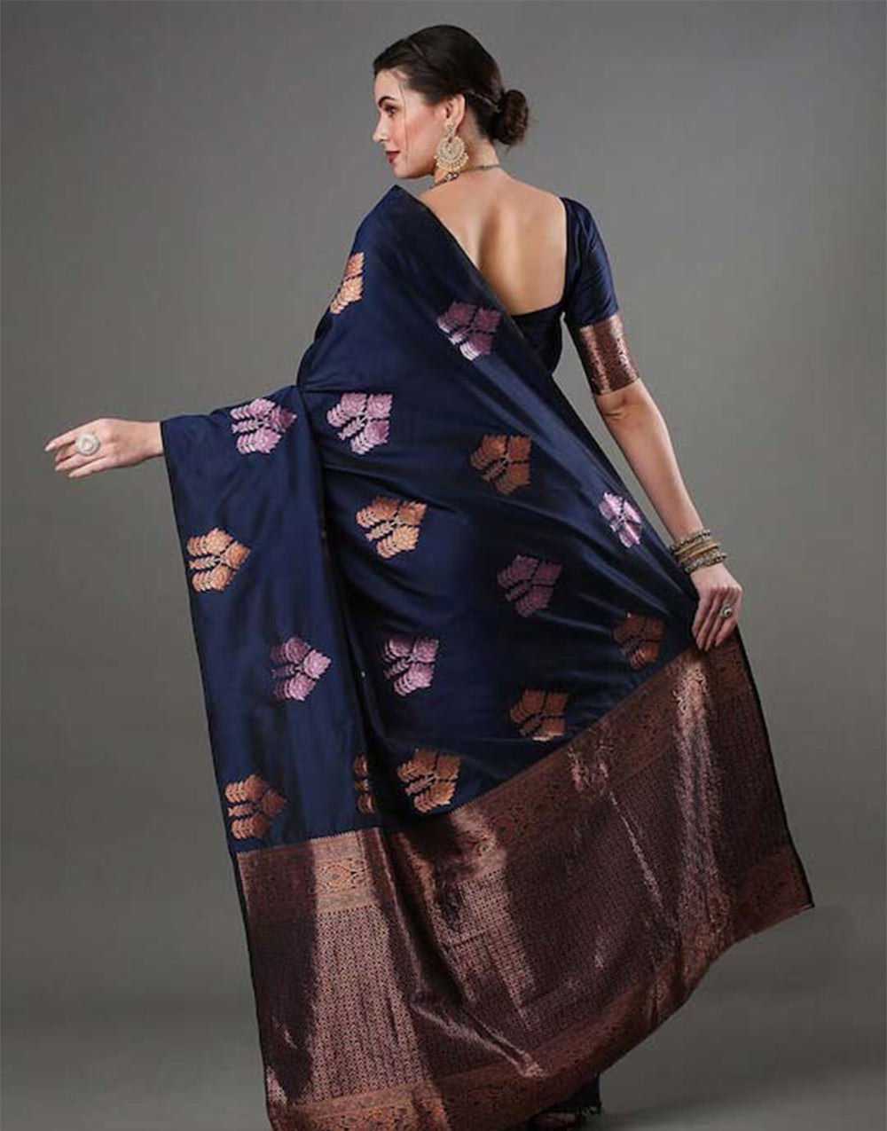 Navy Blue Banarasi Silk Saree With Weaving Work