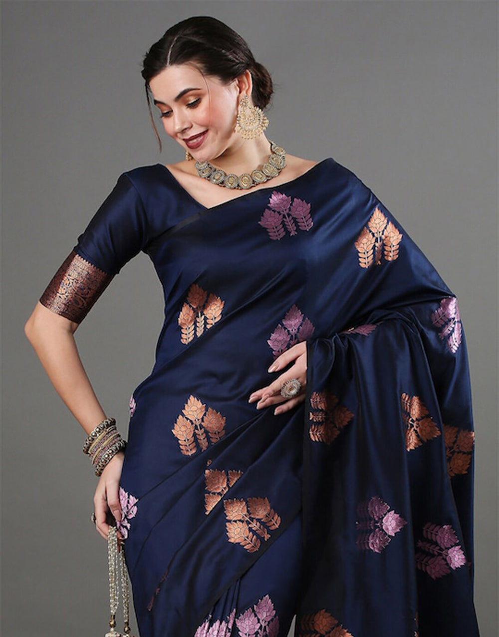 Navy Blue Banarasi Silk Saree With Weaving Work