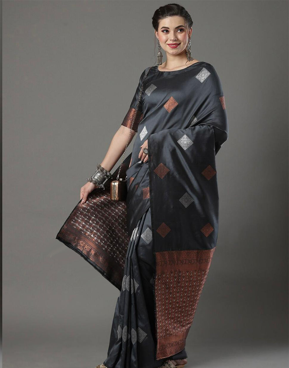 Dark Grey Banarasi Silk Saree With Weaving Work