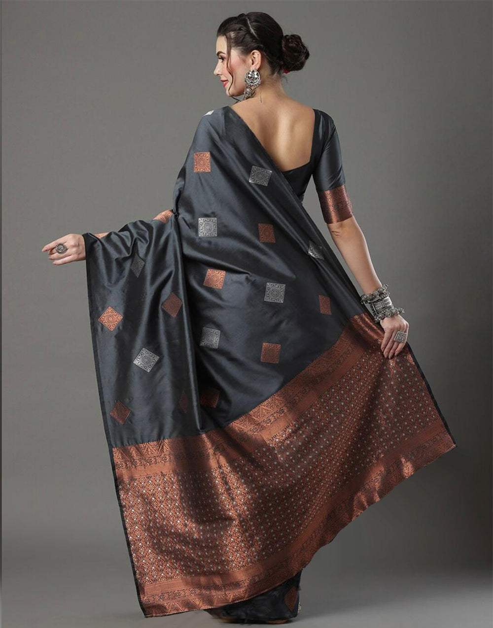 Dark Grey Banarasi Silk Saree With Weaving Work