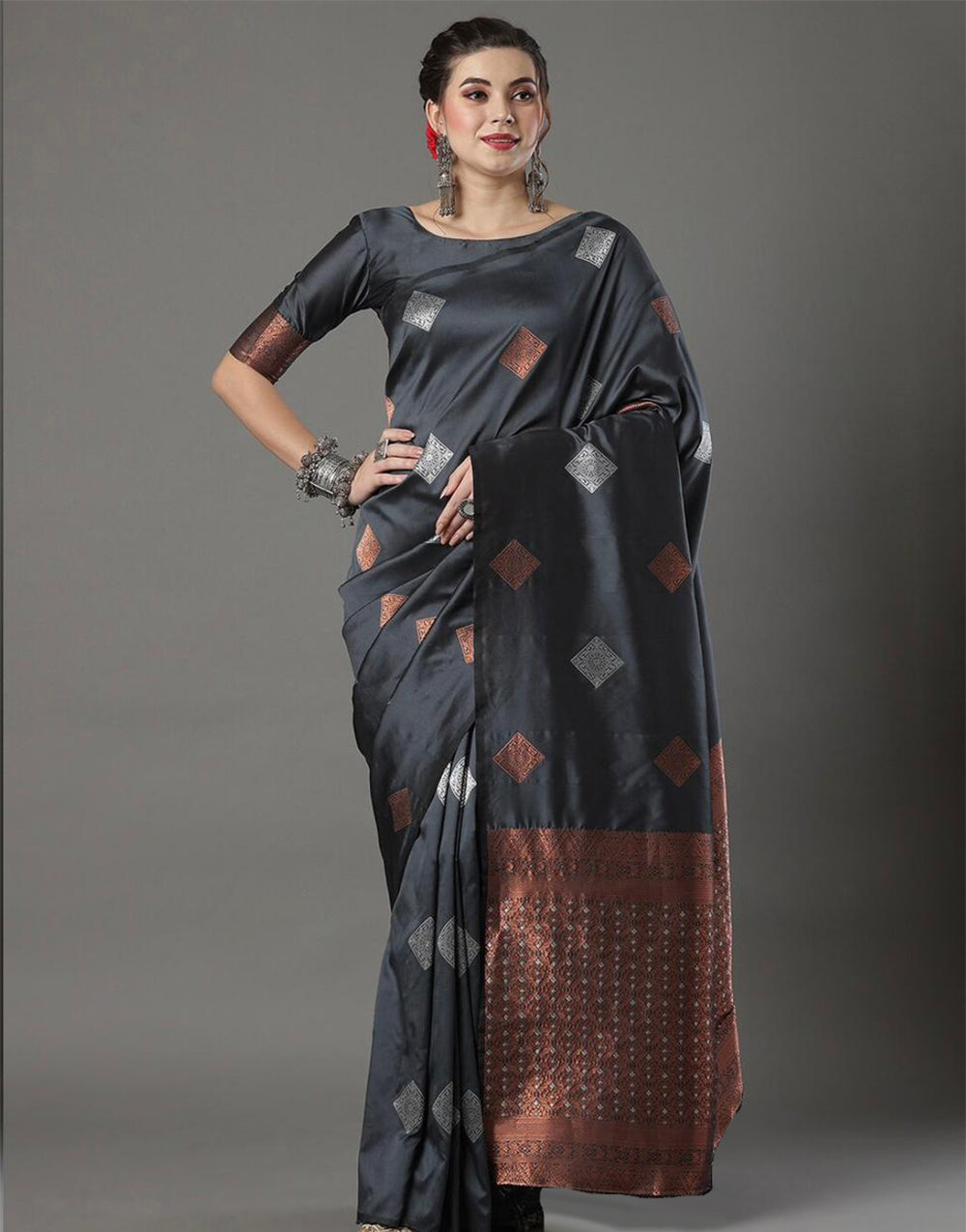 Dark Grey Banarasi Silk Saree With Weaving Work